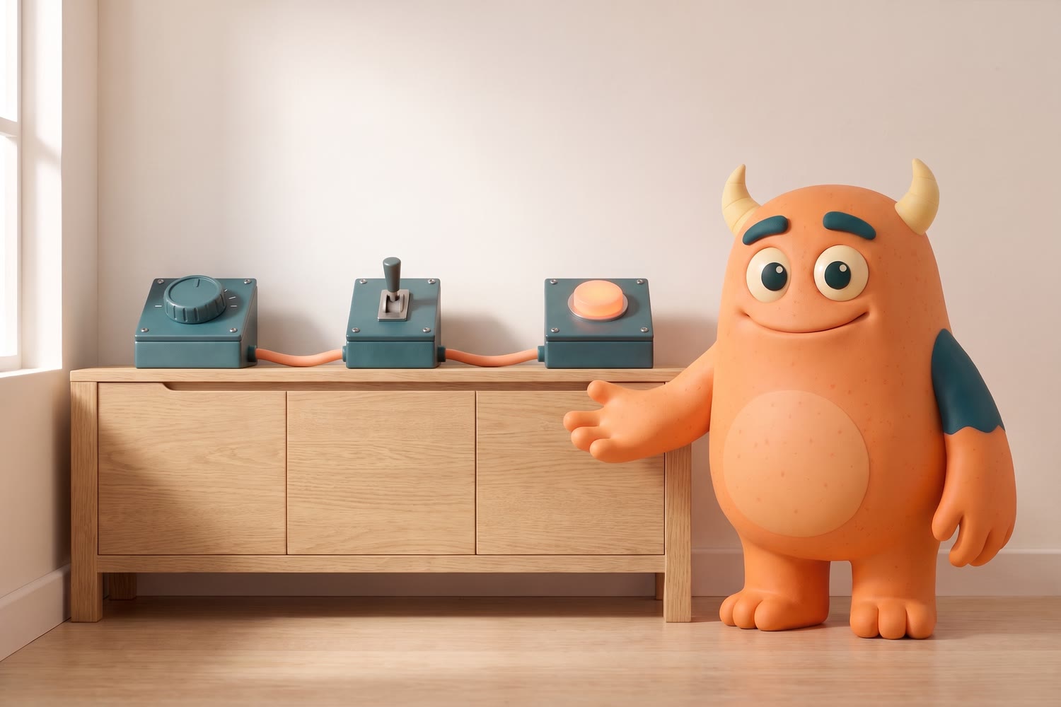 Auf einem Sideboard stehen drei Geräte in einer Reihe, durch ein oranges Kabel verbunden: links ein Drehregler, in der Mitte ein Kippschalter, rechts ein Knopf. Das digital M.onster zeigt mit offener Hand darauf.