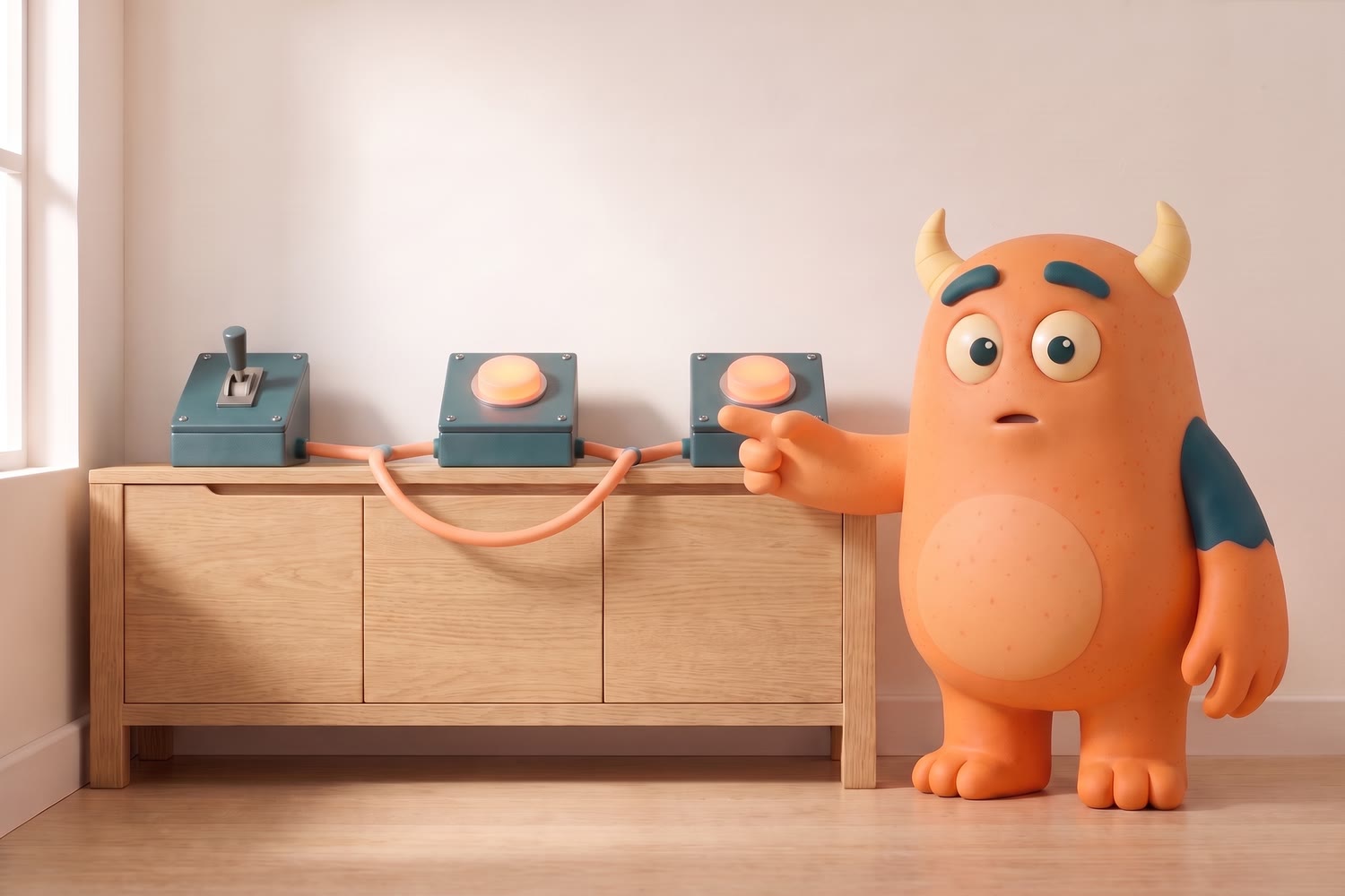 Auf einem Sideboard steht ein Kippschalter. Sein Kabel führt zu zwei gleichen orangen Knöpfen. Das digital M.onster zeigt erstaunt darauf.
