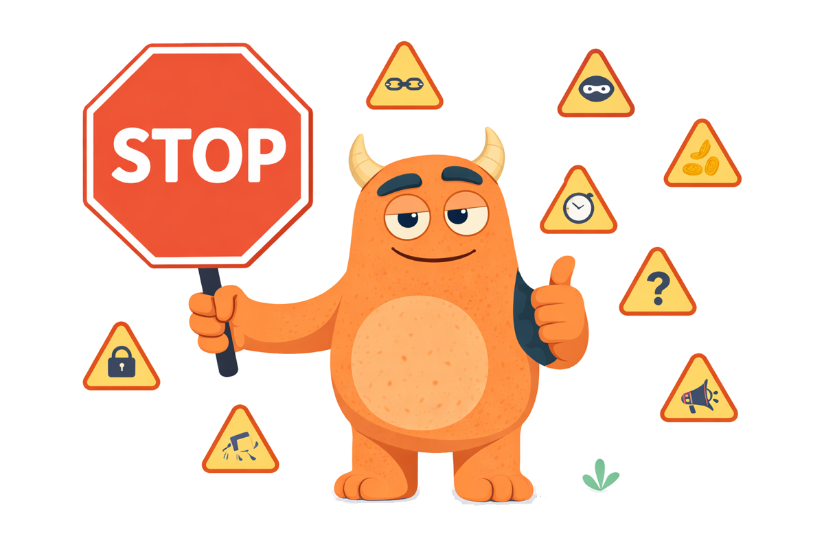 digital M.onster hält ein Stoppschild hoch, um sich herum Warnschilder